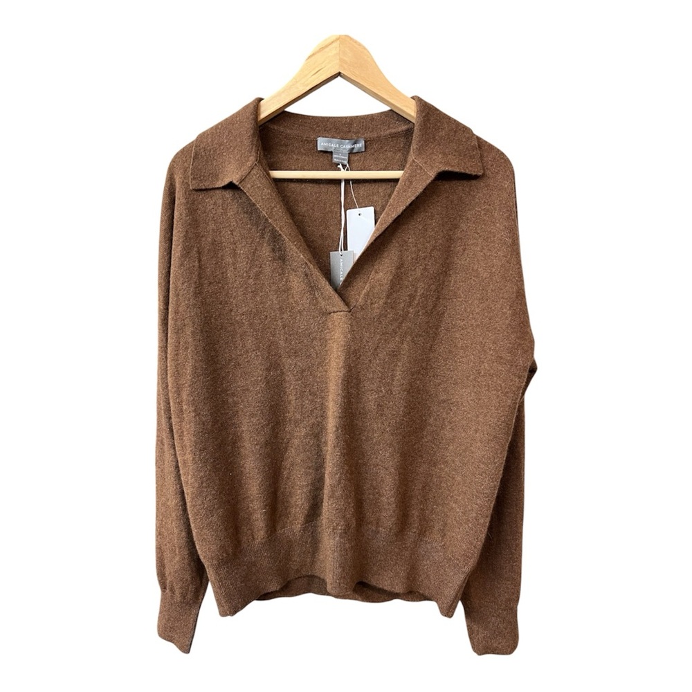 Amicale Cashmere Collard V-Neck Sweater Brown Size Large NWT